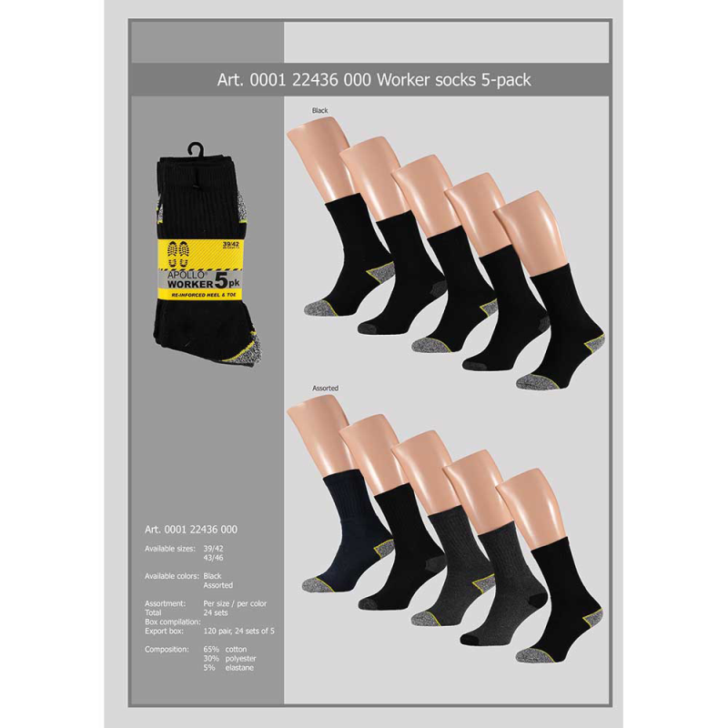 Apollo Werksokken 5-Pack 000122436000 (Outlet) | Zwart | 39/42 (24 packs)